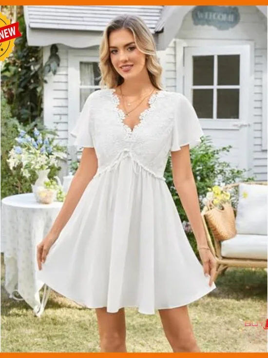 Floral Lace Deep V-Neck Mini Dress Flutter Sleeves A-Line Boho - Picture 3 of 6